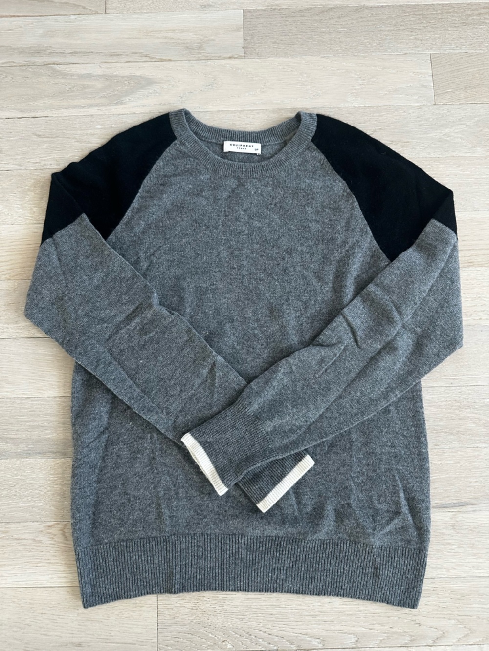 Equipment Cashmere Gray Crewneck Sweater with Black Shoulder Panels